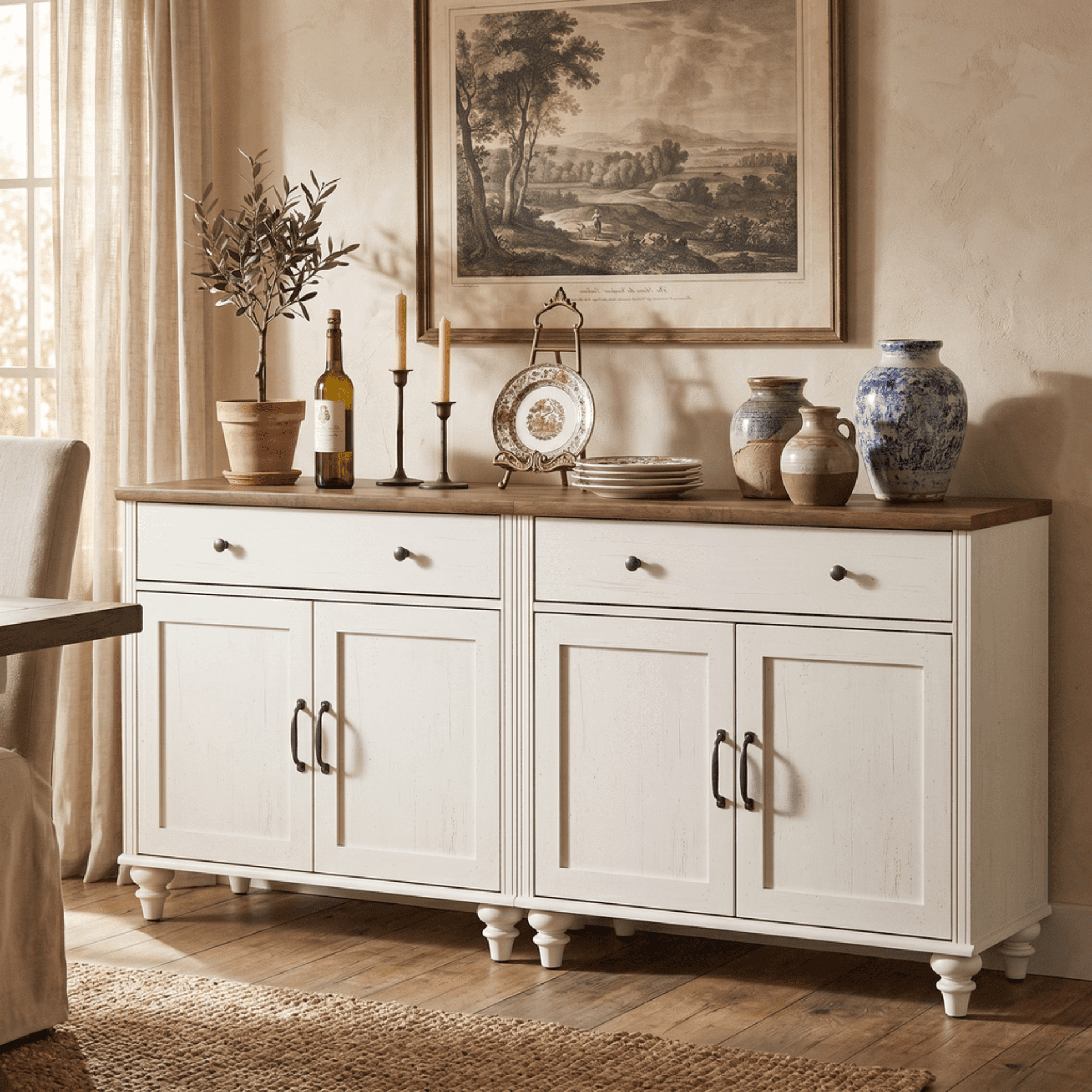 Large Sideboards Cabinet with 4 Doors and 2 Drawers, Modern Buffet Cabinet Wood Kitchen Storage Cabinets, Farmhouse Sideboard Credenza for Dining Room, White, 68"