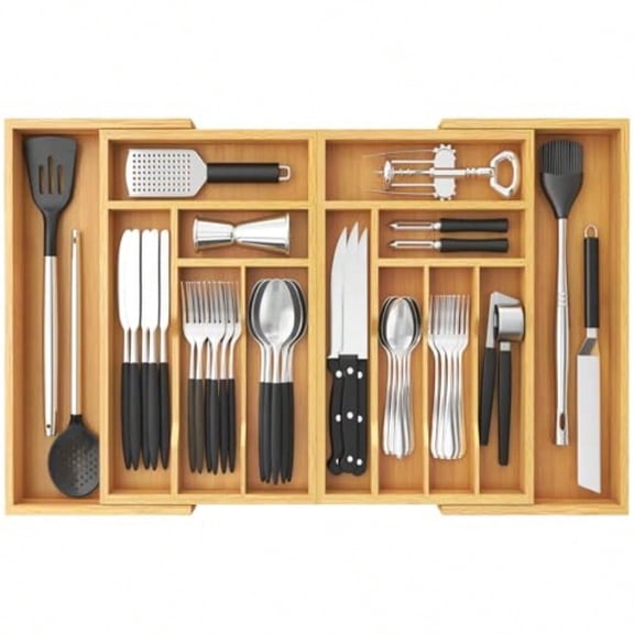 Large Sierware Drawer Organizer Expandable 21.4 to 36 Inches Wide Bamboo Utensil Tray for Kitchen Adjustable Flatware and Cutlery Holder for Spoons Forks Knives 13 Compartments Natural