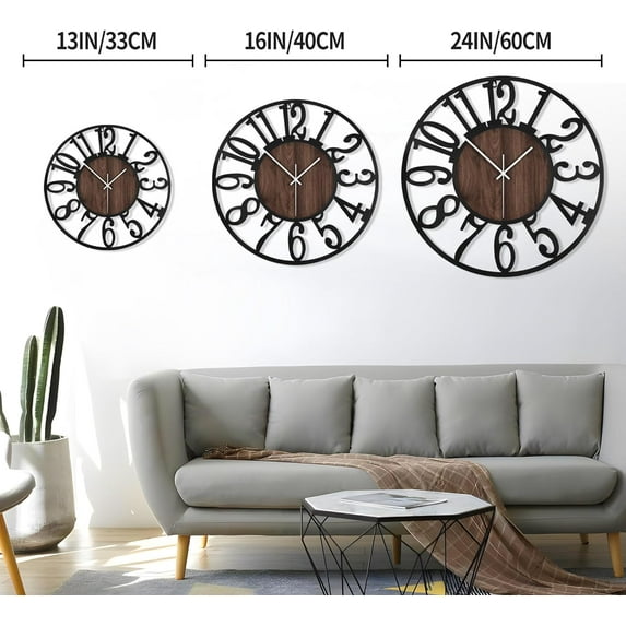 Large Silent Battery Operated Wood Wall Clock 16 Inch Black Arabic Numbers for Home Decor