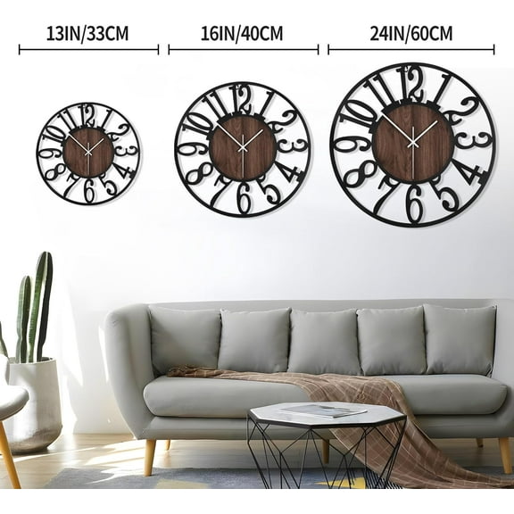 Large Silent Battery Operated Wood Wall Clock 16 Inch Black Arabic Numbers for Home Decor