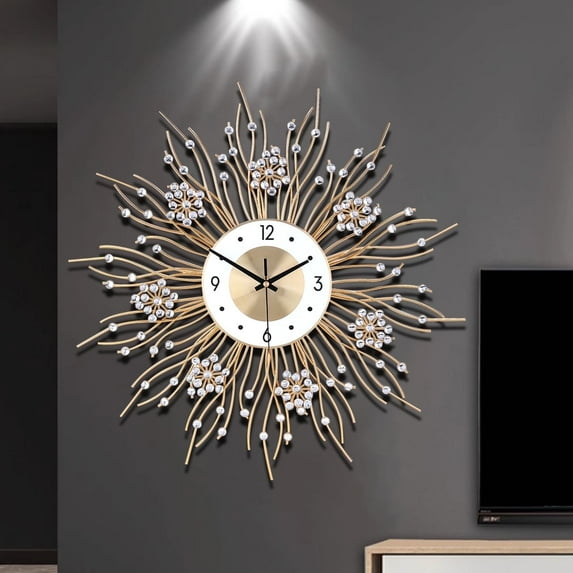 Luxury Sunburst Wall Clock with Crystal Accents - Christmas & New Year Modern Decor for Living Room, Bedroom, Office
