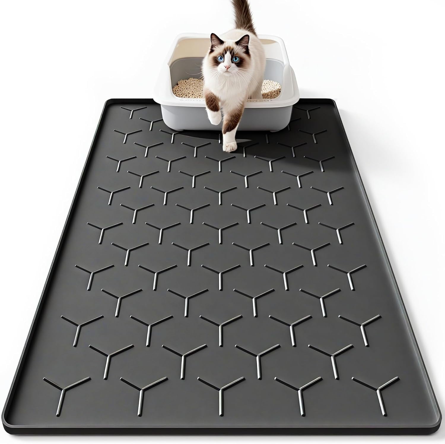 Large Silicone Cat Litter Mat, Waterproof/Urineproof, Litter Recycling, Easy to Clean, Soft on Kitty Paws (22"X34"- Black)