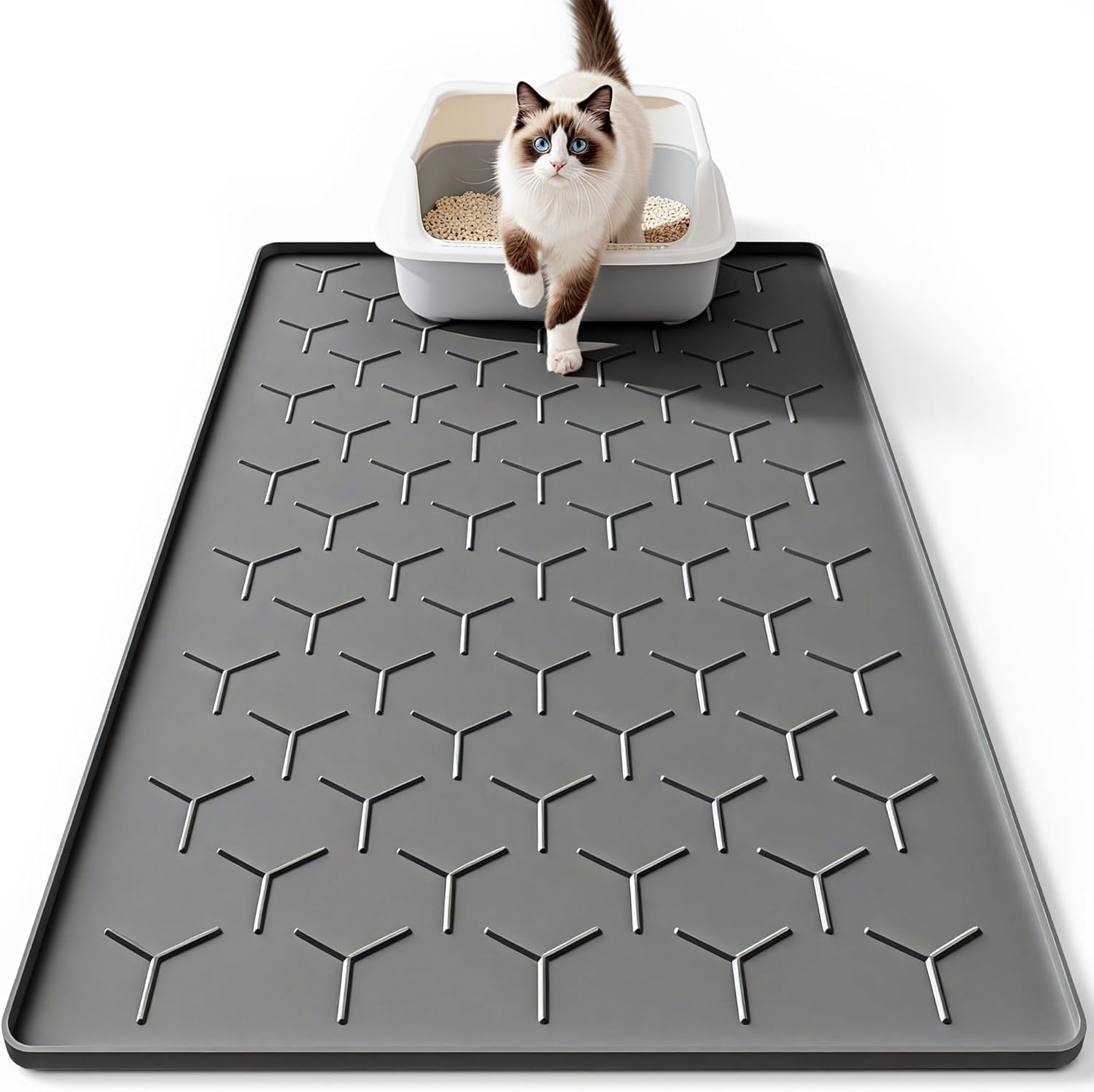 Large Silicone Cat Litter Mat, Waterproof/Urineproof, Litter Recycling, Easy to Clean, Soft on Kitty Paws (22"X34"-Dark Grey)