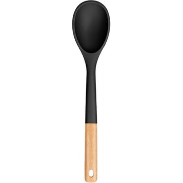 Large Silicone Cooking Spoons, 13inch Nonstick Solid Wooden Handle Spoon, Heat Resistan Silicone Kitchen Spoons for Cooking, Serving, Basting, Mixing