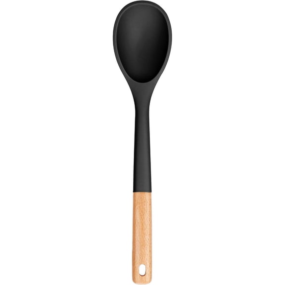 Large Silicone Cooking Spoons, 13inch Nonstick Solid Wooden Handle Spoon, Heat Resistan Silicone Kitchen Spoons for Cooking, Serving, Basting, Mixing