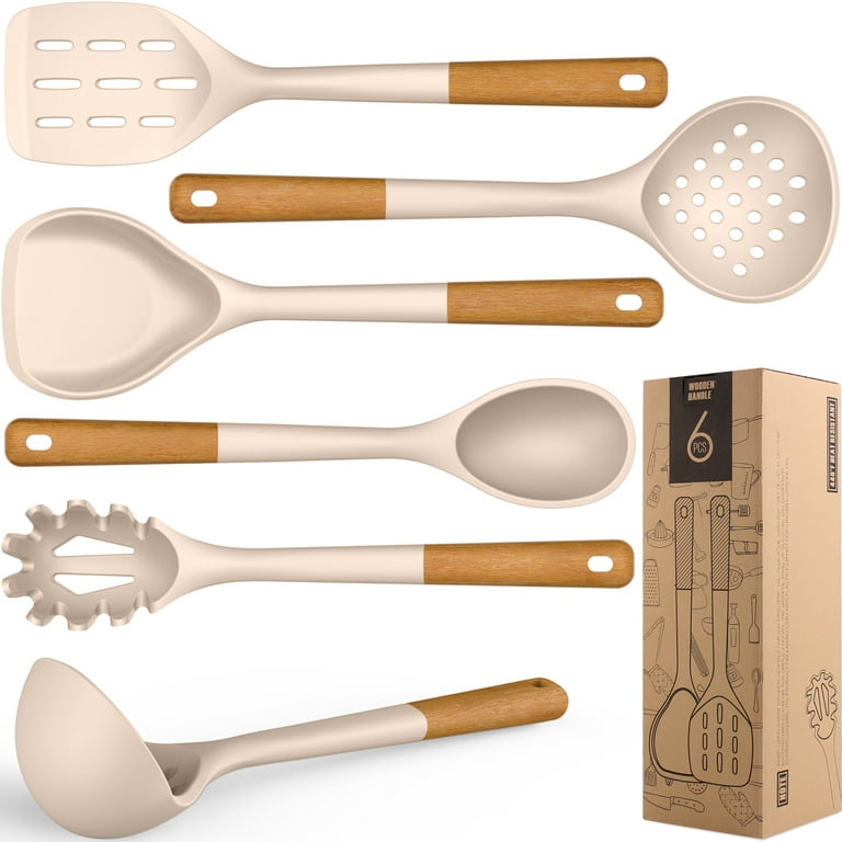 oannao Silicone Cooking Utensils Set - 446°F Heat Resistant Silicone  Kitchen Utensils for Cooking,Kitchen Utensil Spatula Set w Wooden Handles, Holder, BPA FREE Gadgets for Non-Stick Cookware (Grey) 