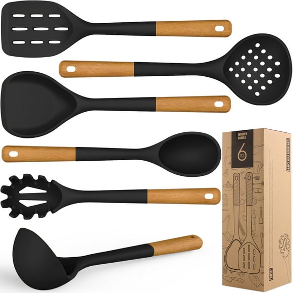Large Silicone Cooking Utensils - Heat Resistant Kitchen Utensil Set with Wooden Handles, Spatula,Turner, Slotted Spoon, Pasta server, Kitchen Gadgets Tools Sets for Non-Stick Cookware (Black)