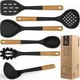 thumbnail image 1 of Large Silicone Cooking Utensils - Heat Resistant Kitchen Utensil Set with Wooden Handles, Spatula,Turner, Slotted Spoon, Pasta server, Kitchen Gadgets Tools Sets for Non-Stick Cookware (Black), 1 of 11