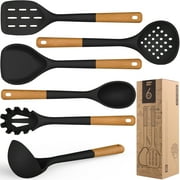 Large Silicone Cooking Utensils - Heat Resistant Kitchen Utensil Set with Wooden Handles, Spatula,Turner, Slotted Spoon, Pasta server, Kitchen Gadgets Tools Sets for Non-Stick Cookware Black