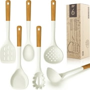 Large Silicone Cooking Utensils - Heat Resistant Kitchen Utensil Set with Wooden Handles, Spatula,Turner, Slotted Spoon, Pasta server, Kitchen Gadgets Tools Sets for Non-Stick Cookware Warm White