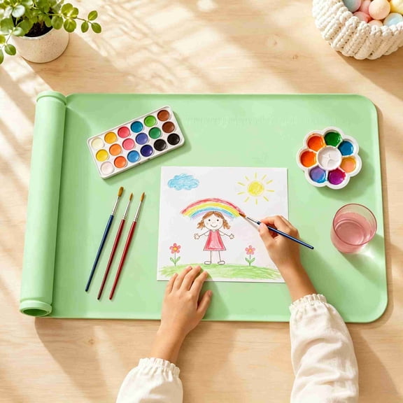 Large Silicone Drawing Mat for Kids Crafts, Washable Heat Resistant Art Work Mat for Paint Glue Clay DIY Art Projects（24×16 Inch, Light Green）