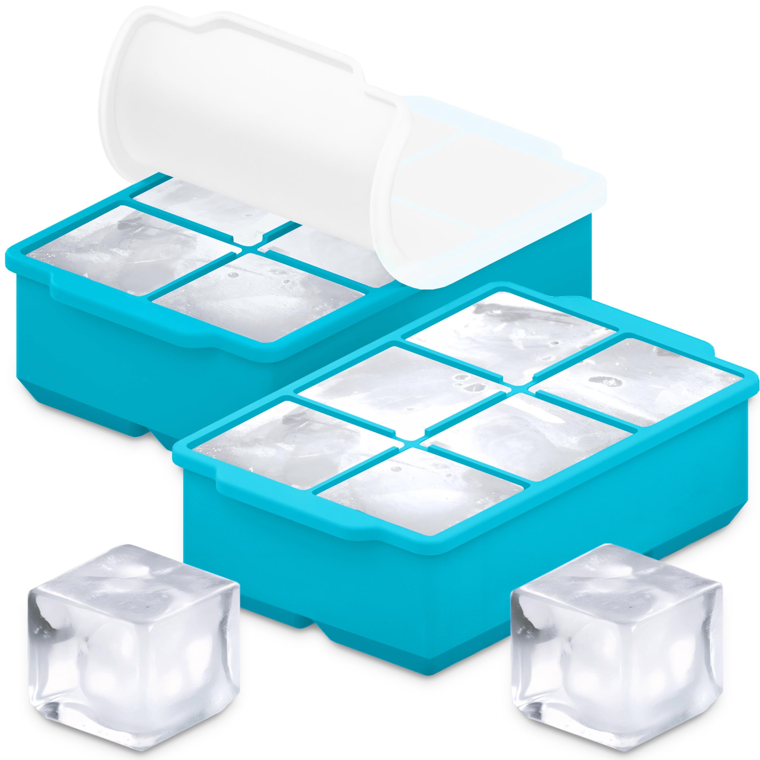 Large Silicone Ice Cube Tray 2-Pack with Lid, Easy Release Big 2-Inch Ice Molds for Cocktails and Whiskey, Stackable Freezer Trays Durable Black