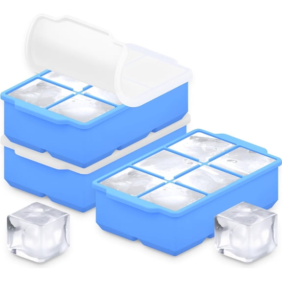 Large Silicone Ice Cube Tray (3-Pack), Easy Release 2" Big Ice Cubes - Cocktail, Whiskey Ice Cubes Mold - BPA Free Ice Cube Trays for Freezer - Ice Tray With Stackable Lid - Blue