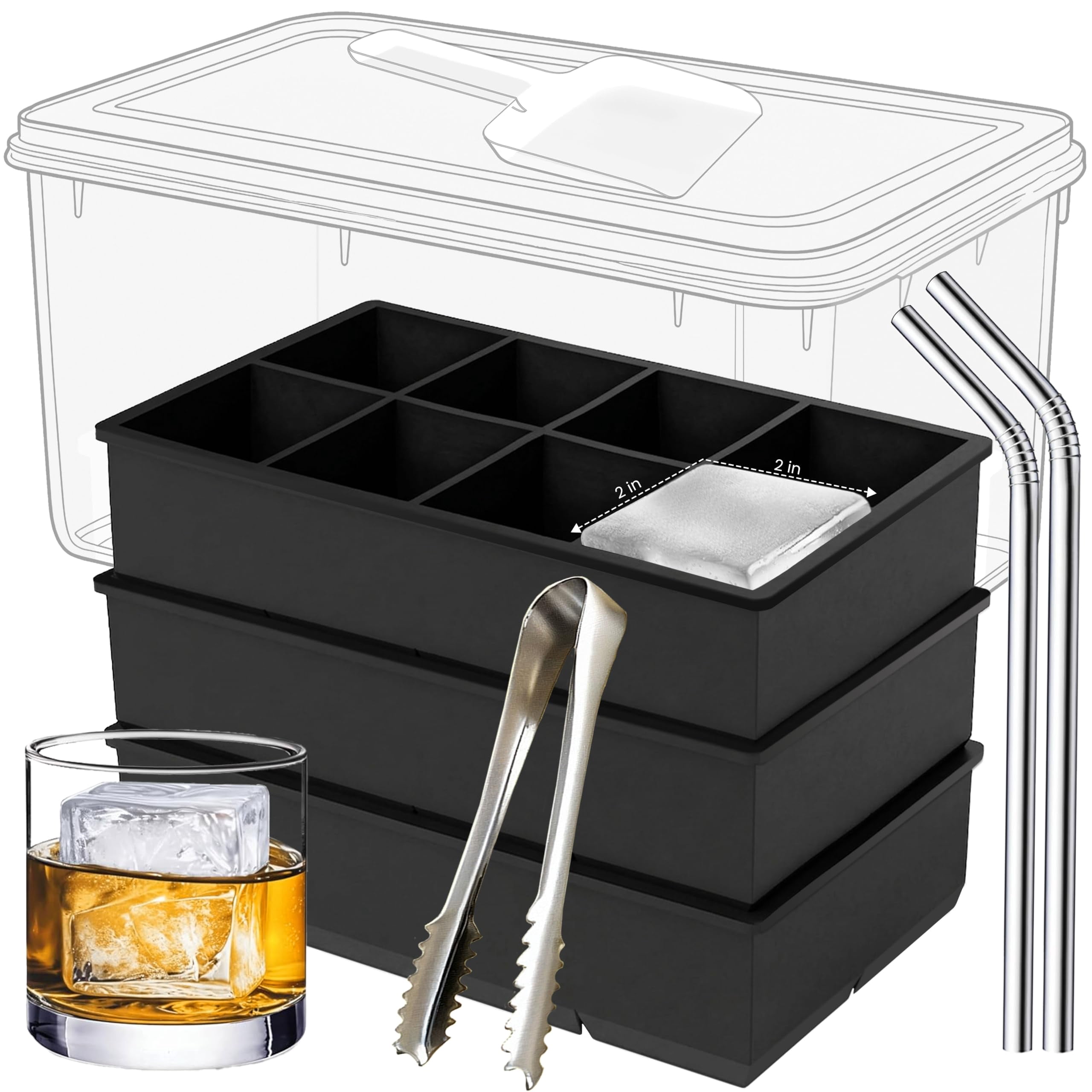 Large Silicone Ice Cube Tray - 3 Pack Trays For 8 Square Cubes With Bin  Scoop Tong & 2 Ss Straws Easy Release Mold Coffee (black)
