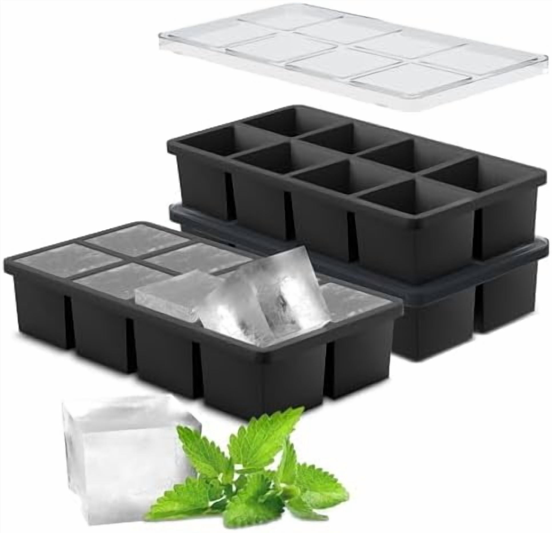 Large Silicone Ice Cube Tray Molds, Big 2 Inch Cubes 3 Pack - Food Grade, Flexible, 8 Cavity Easy Release Slow Melting Ice for Whiskey, Cocktails, Gifts & Christmas - Black (With Lid)
