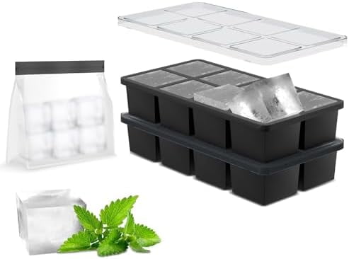 Large Silicone Ice Cube Tray Molds, Big 2 Inch Cubes 3 Pack- Food Grade, Flexible, 8 Cavity Easy Release Slow Melting Ice for Whiskey, Cocktails, Gifts & Christmas - Black (Ice Bag)