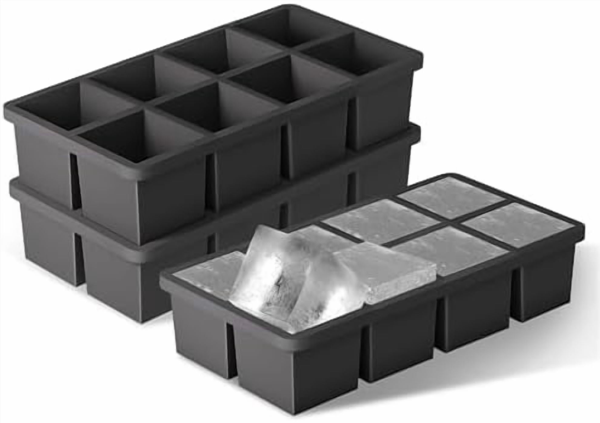 Large Silicone Ice Cube Tray Molds, Big 2 Inch Cubes - Food Grade, Flexible, 8 Cavity Easy Release Slow Melting Ice for Whiskey, Cocktails, Gifts & Christmas - Black (3 Pack)