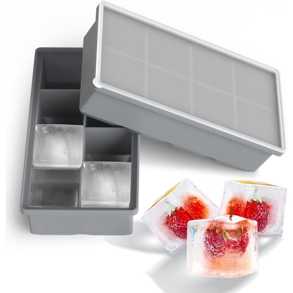 Large Silicone Ice Cube Tray Molds with Lid, 2-Pack Easy-Release Ice Cube Trays for Freezer, Stackable Whiskey Ice Cube Mold Maker, Square Large Ice Cubes for Cocktails Bourbon & Drinks