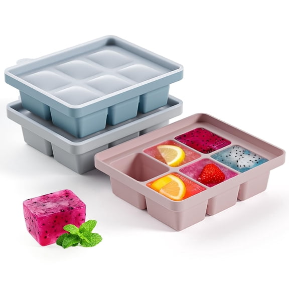 HANCELANT Large Silicone Ice Cube Tray Set of 3, Easy Release 6 Flexible Silicone Ice Cube Molds with Removable Lid,Stackable Ice Trays for Whiskey,BPA Free (Blue Grey Pink)