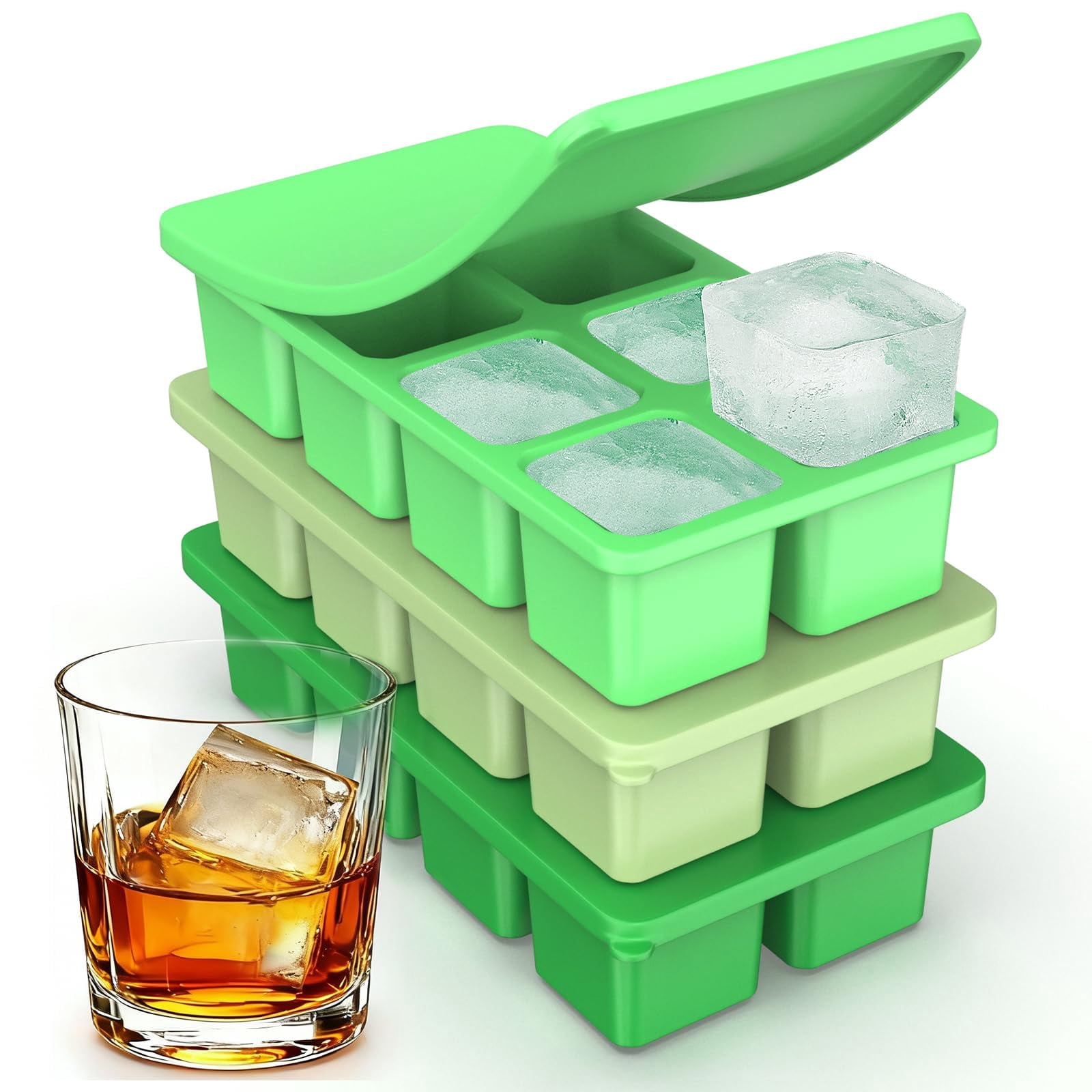 Large Silicone Ice Cube Trays With Lids  3 Pack Molds Easy-release 2 Inch Square Big For Freezer Iced Coffee Food Dishwasher-safe
