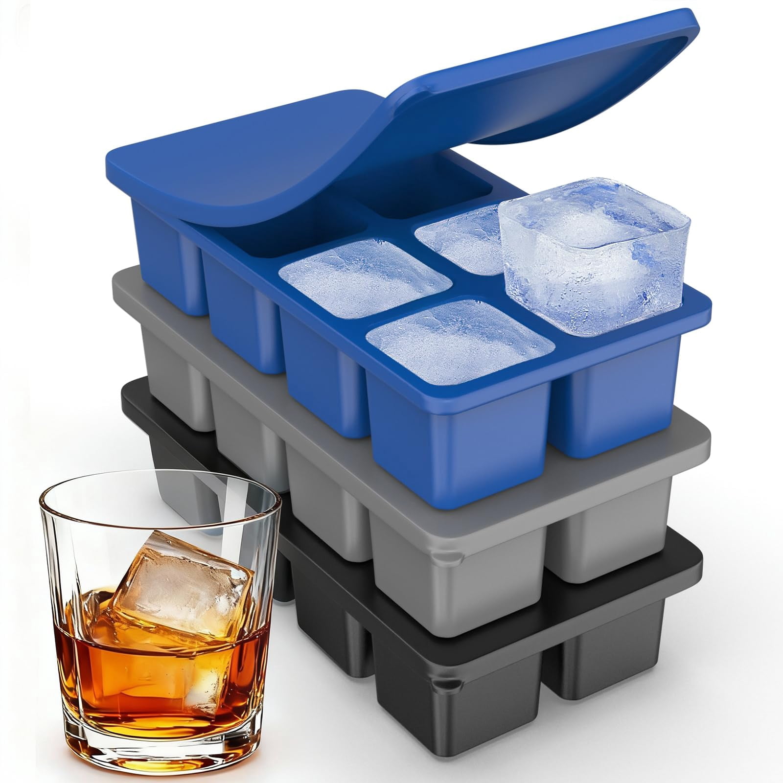 Large Silicone Ice Cube Trays With Lids  3 Pack Molds For Easy-release 2 Inch Square Big Freezer Iced Coffee Food Dishwasher-safe