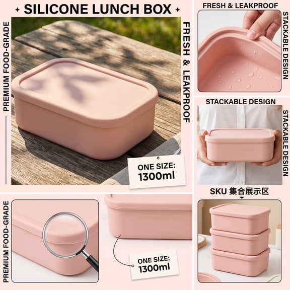 Large Silicone Lunch Container with Airtight Lid, 44 fl oz, Antibacterial Food Storage Box, Refrigerator Fruit Keeper(Pink)
