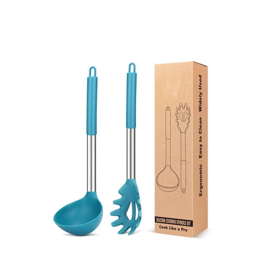 Large Silicone Pasta Fork and Ladle Spoon Set, Non Stick Kitchen Utensils for Cooking and Stirring, Serving Spaghetti, Soup, Sauce, Easy to Clean Blue Utensils for Home Kitchen
