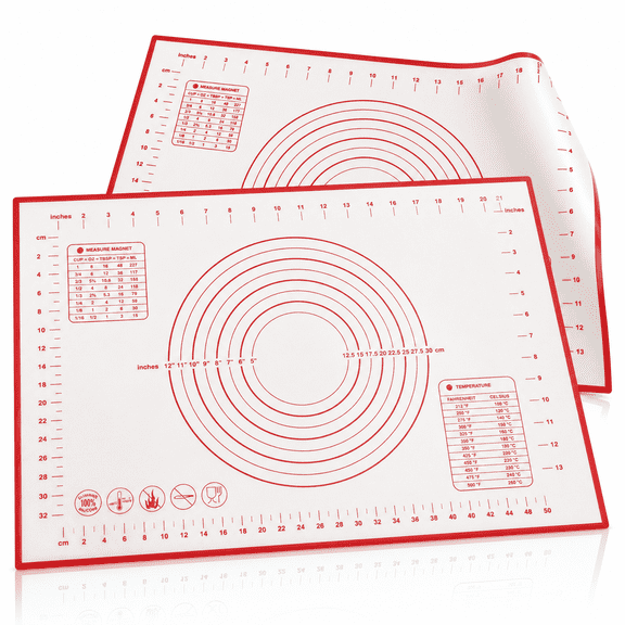 Large Silicone Pastry Mat 100% Non-Slip with Measurement Counter Mat,Dough Rolling Mat,Pie Crust Mat -Red/White 16 x 24 Inches - 2Pack