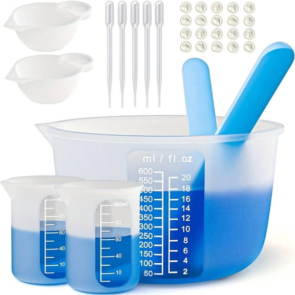 Large Silicone Resin Measuring Cups Tool Kit - Reusable 600ml & 100ml Measure Cup, Silicone Stir Sticks Pipettes Finger Cots for Epoxy Resin Mixing, Molds, Jewelry Making, Waxing, Easy Clean