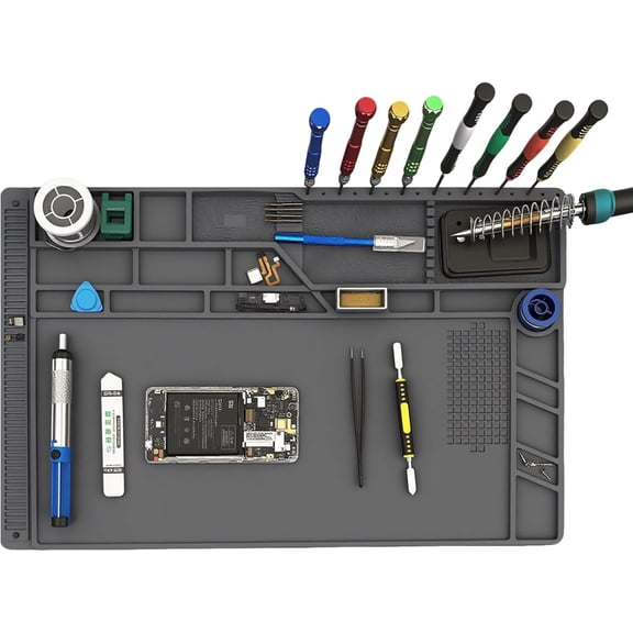 Large Silicone Soldering Mat 21.6"x13.8" – Heat Resistant 932 ° F, Anti-Static Magnetic Workbench Pad with Scale Ruler, Screw Slots & Tool Organizer for Electronics, PCB, Phone