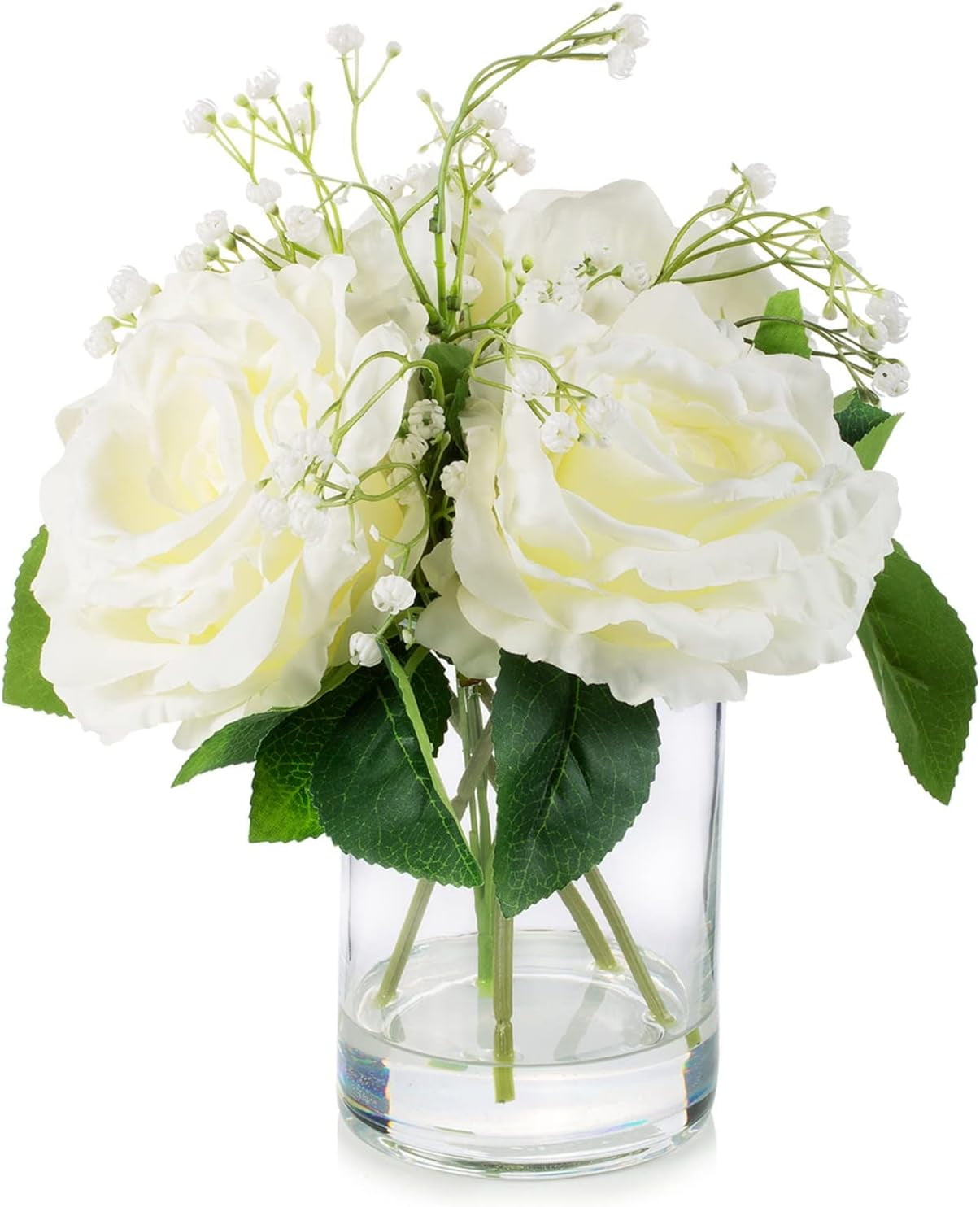 Large Silk Rose Artificial Flowers In Vase, White Fake Rose Fake