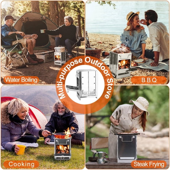 Large Silver Foldable Camping Wood Burning Stove with Grill - Collapsible Stainless Steel Backpacking Survival Stove for Outdoor Cooking Picnic Hiking  BBQ