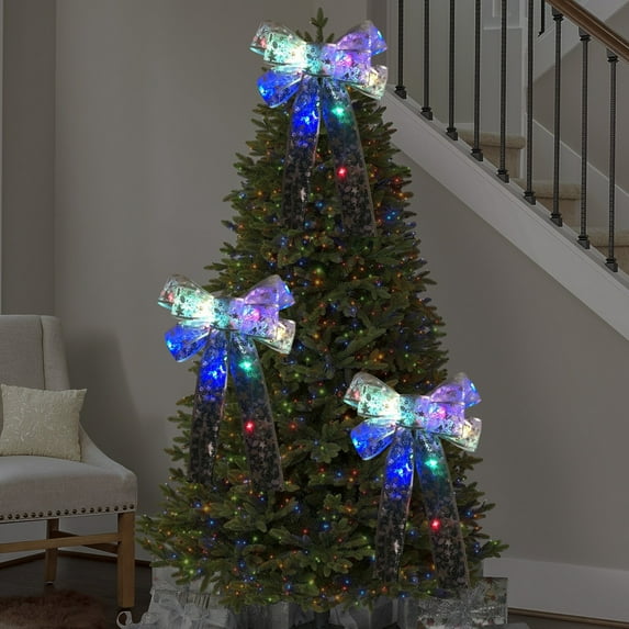 Large Silver Lighted Christmas Bows with Lights, 14" Transparent Bow Ribbon Pre-Lit Blue Wreath Bows Light up Christmas Tree Topper Decor, Glitter Snowflakes Finish Bows Wreath Indoor Outdoor Decor