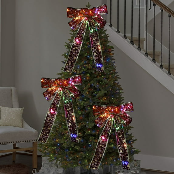 Large Silver Lighted Christmas Bows with Lights, 14" Transparent Bow Ribbon Pre-Lit Colorful Wreath Bows Light up Christmas Tree Topper Decor, Glitter Snowflakes Finish Bows Wreath Indoor Outdoor