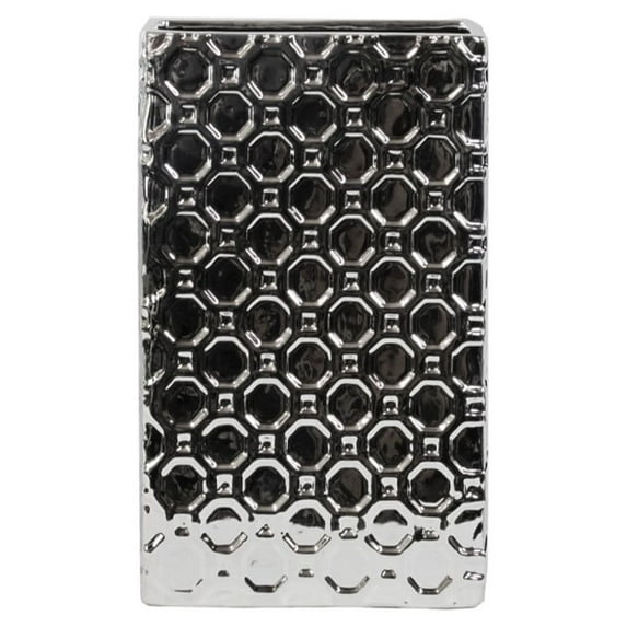 Large Silver Octagonal Vase with Elegant Patterned Design - Benzara