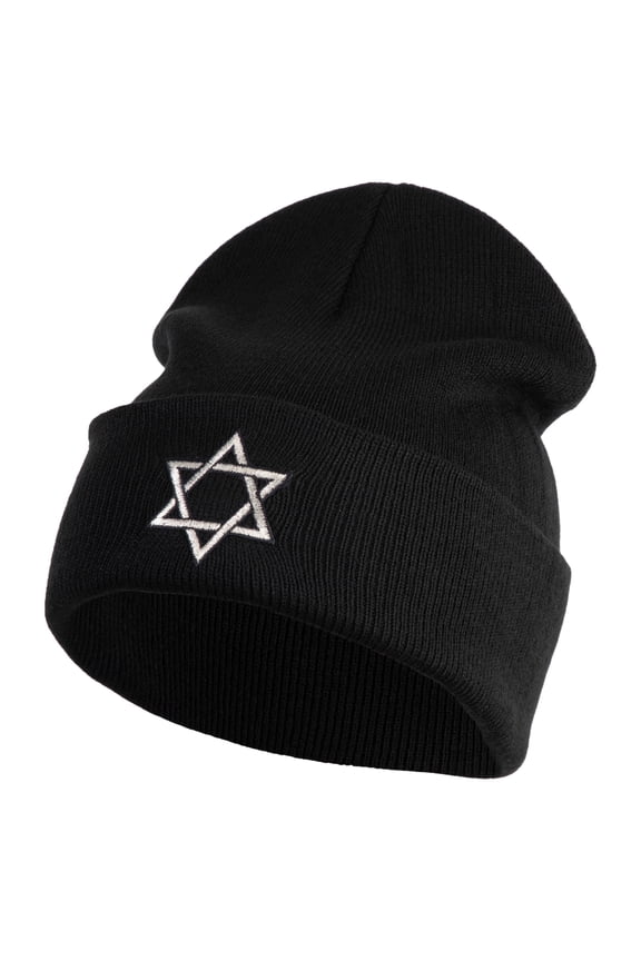 Large Silver Star of David Iron on Patched 12 Inch Long Knitted Beanie - Black OSFM