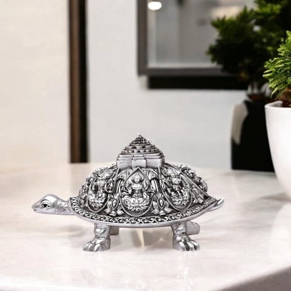 NATRIEL Silver Decorative Tortoise Figurine, Feng Shui Vastu Metal Turtle Statue, Home Decor Sculpture, (Large)