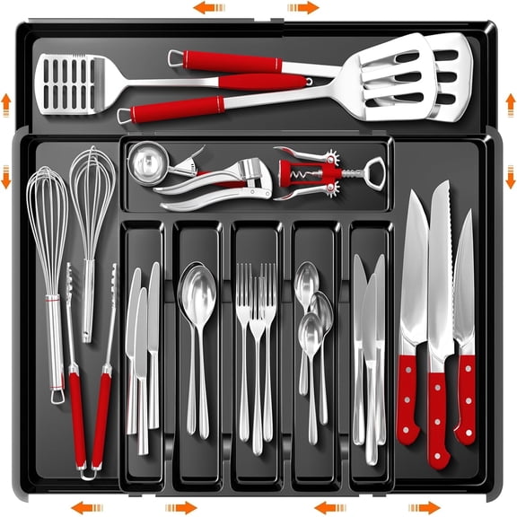 Large Silverware Organizer, Expandable BPA Free Kitchen Silverware Drawer Organizer, 9 Slots Cutlery Utensil Tray with Dividers, Adjustable Flatware Storage Holder for Spoons Forks Knives