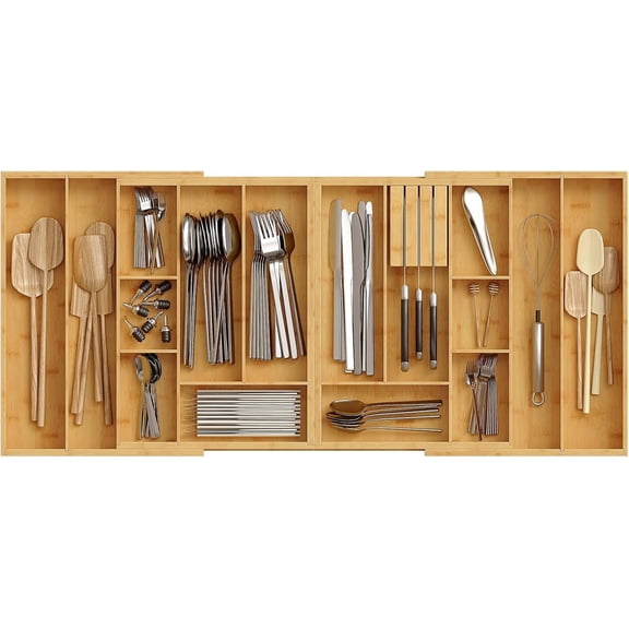 Large Silverware Organizer Kitchen Drawer Organizer, Magnetic Connected Expandable Utensil Organizer From 22.8 to 35.4 Inches, Bamboo 16 Slots Cutlery Tray with Knife Holder, Natural YL07TL01