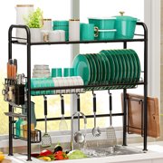 Over the Sink Dish Drying Rack, 2 Tier Dish Rack with Utensil Holder, Large Dishes Drainer for Kitchen Counter,Kitchen Organizer and Storage Fit 32" Sink