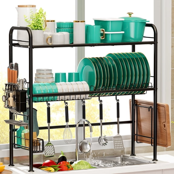 Over the Sink Dish Drying Rack, 2 Tier Dish Rack with Utensil Holder, Large Dishes Drainer for Kitchen Counter,Kitchen Organizer and Storage (Fit32" Sink)
