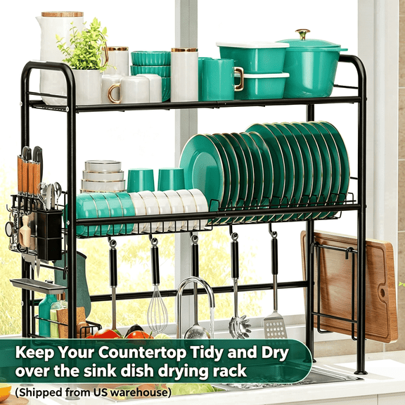 Over the Sink Dish Drying Rack, 2 Tier Dish Rack with Utensil Holder, Large Dishes Drainer for Kitchen Counter,Kitchen Organizer and Storage (Fit32" Sink)