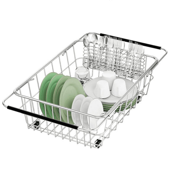 Large Sink Dish Drying Rack, Expandable 304 Stainless Steel Metal Dish Drainer Rack Shelves with Stainless Steel Utensil Holder Over Inside Sink, Rustproof