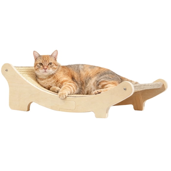 Large Sisal Cat Scratcher Bed, 19.7 x 13 x 6.7 in Wooden Cat Furniture, E0 Grade Solid Wood Cat Hammock Lounge Chair, Beige Cat Scratching Board Bed for Playing, Relaxing
