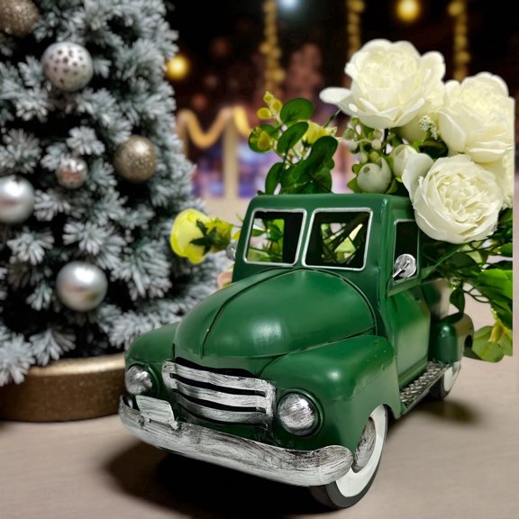 Vintage Green Pickup Truck with White Floral Bouquet - Farmhouse Christmas Tabletop Decor