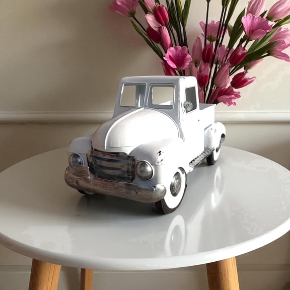 Large Size 12.5-Inch Retro WHite Truck Decoration, Farmhouse Holiday Ornament, Indoor/Outdoor Desktop Flower Pot, Home Decoration, Car-Themed Holiday Display