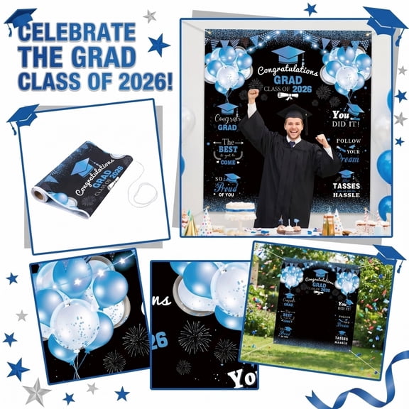 Large Size 2026 Graduation Congrats Grad Photography Backdrop Photo Prop Prom Booth Graduation Background Banner with Congrat Sign for Graduations Party Favor Decoration Supply(Blue)