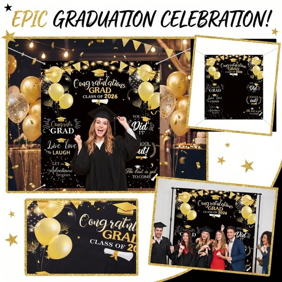 Large Size 2026 Graduation Congrats Grad Photography Backdrop Photo Prop Prom Booth Graduation Background Banner with Congrat Sign for Graduations Party Favor Decoration Supply(Black, Gold)
