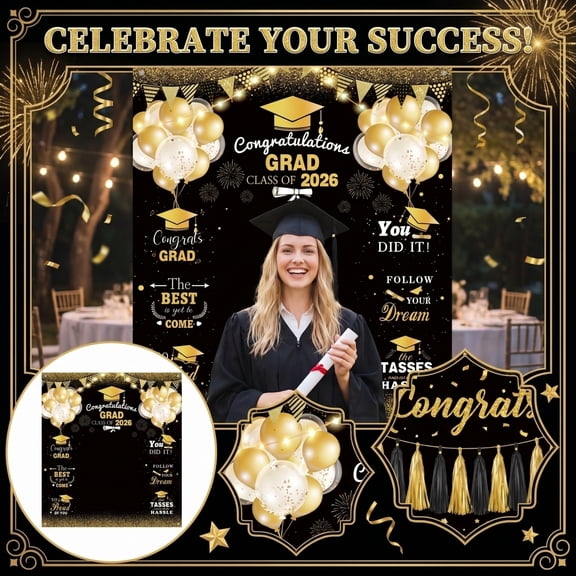 Large Size 2026 Graduation Congrats Grad Photography Backdrop Photo Prop Prom Booth Graduation Background Banner with Congrat Sign for Graduations Party Favor Decoration Supply(Black, Gold)