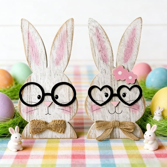Large Size 7.1" Easter Wooden Rabbit Shape Discs Ornament Happy Easter Bunny Sign Ornament Sign Plaque Crafts Hanging Decorations 2PCS